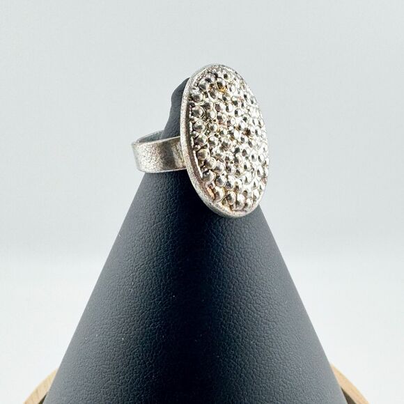 Vintage Caviar Oval Ring Silver Tone Adjustable Retro Brutalist - Picture 2 of 5